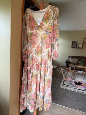 Baltic Born Pink and Cream Floral V-Neck Tiered Maxi Dress
